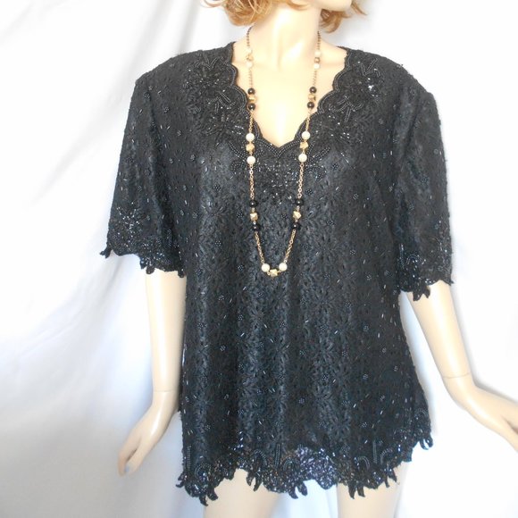 Classic Creations Tops - CLASSIC CREATIONS Black Beaded Cocktail Top Sz 2X